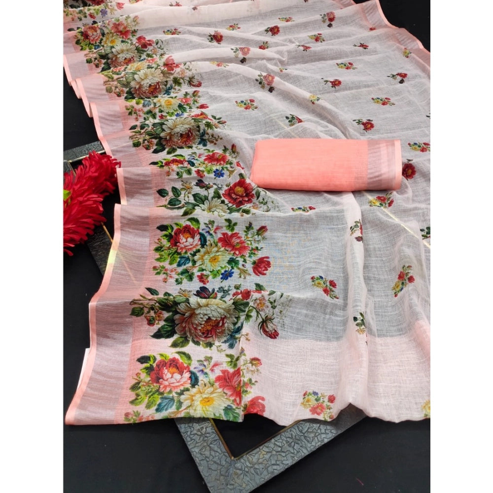 Generic Women's Cotton Linen Woven Design Saree With Unstitched Blouse 5.5Mtr (Peach)