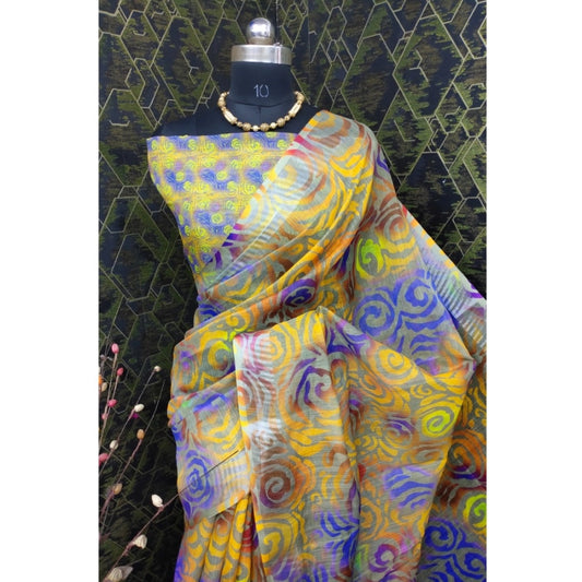 Generic Women's Cotton Linen Woven Design Saree With Unstitched Blouse 5.5Mtr (Yellow)
