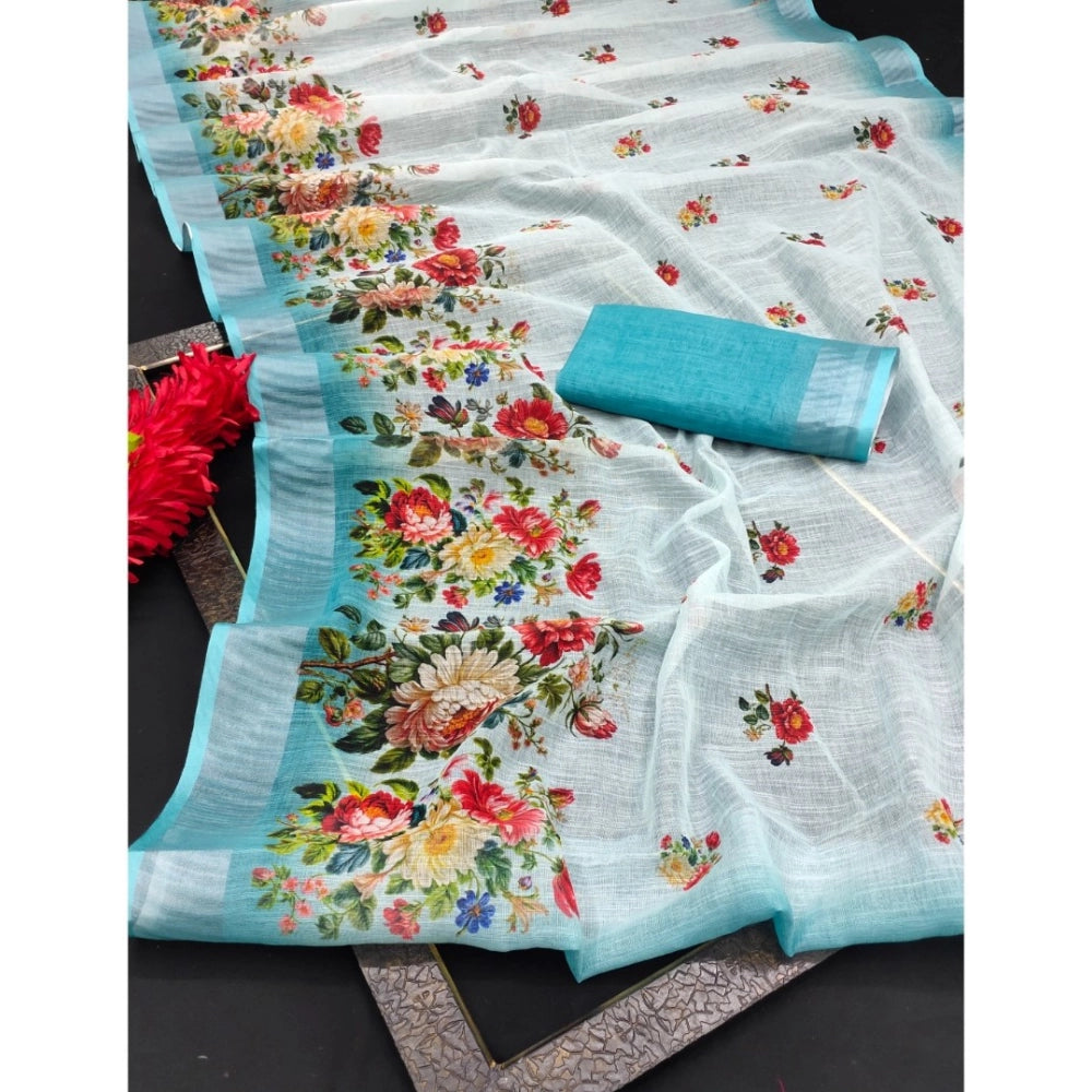Generic Women's Cotton Linen Woven Design Saree With Unstitched Blouse 5.5Mtr (Sky)