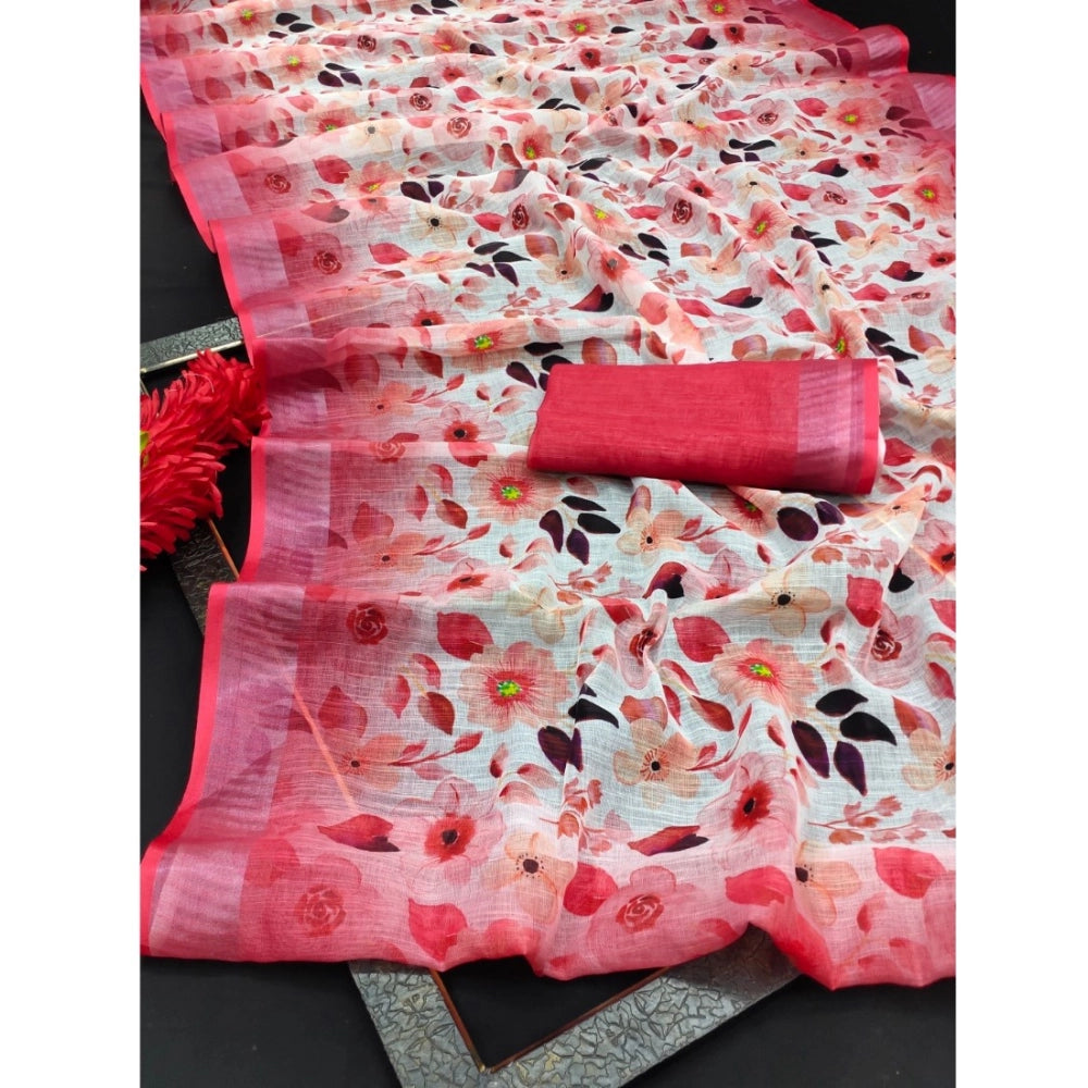 Generic Women's Cotton Linen Woven Design Saree With Unstitched Blouse 5.5Mtr (Red)