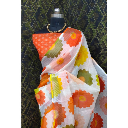 Generic Women's Cotton Linen Woven Design Saree With Unstitched Blouse 5.5Mtr (Orange)