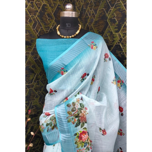 Generic Women's Cotton Linen Woven Design Saree With Unstitched Blouse 5.5Mtr (Sky)