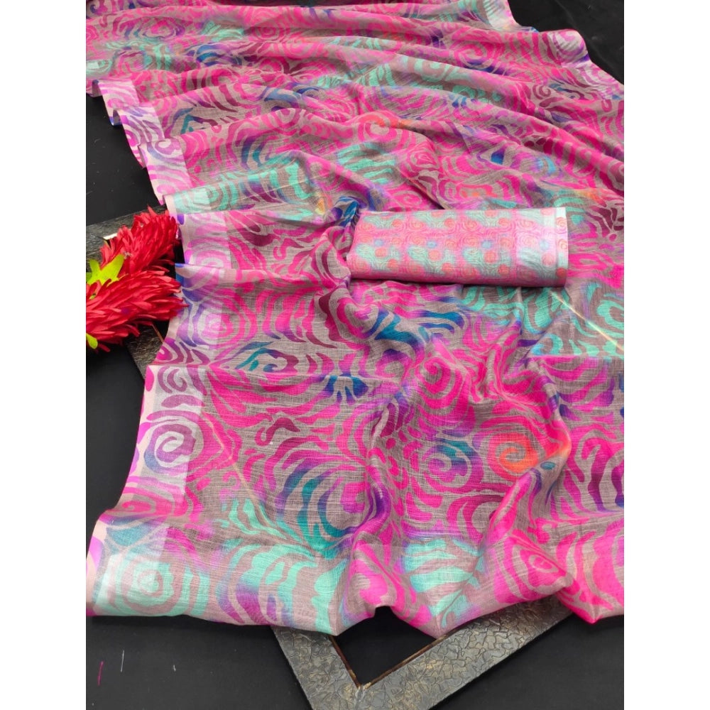 Generic Women's Cotton Linen Woven Design Saree With Unstitched Blouse 5.5Mtr (Pink)
