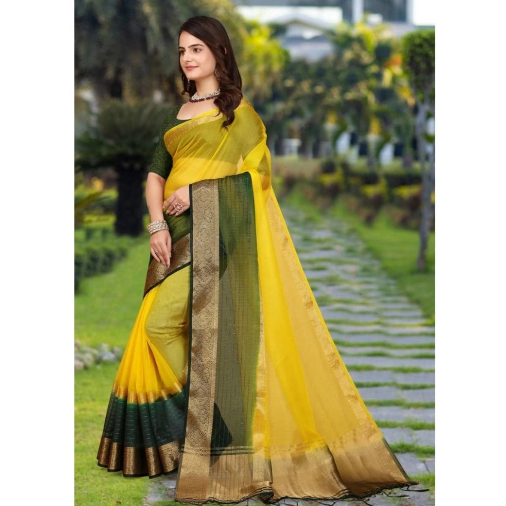 Generic Women's Khadi Cotton Solid Saree With Unstitched Blouse 5.5Mtr (Yellow)