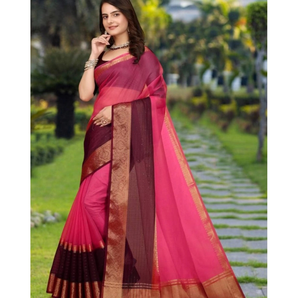 Generic Women's Khadi Cotton Solid Saree With Unstitched Blouse 5.5Mtr (Pink)