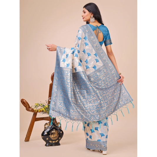 Generic Women's Linen Cotton Printed Saree With Unstitched Blouse 5.5Mtr (Sky Blue)