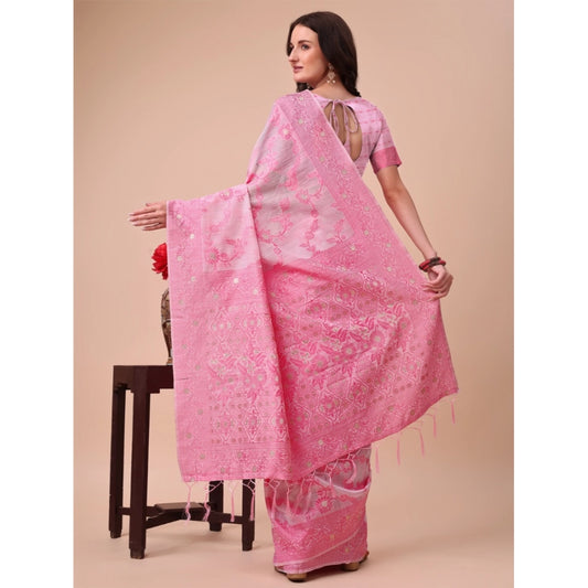 Generic Women's Cotton Printed Saree With Unstitched Blouse 5.5Mtr (Pink)