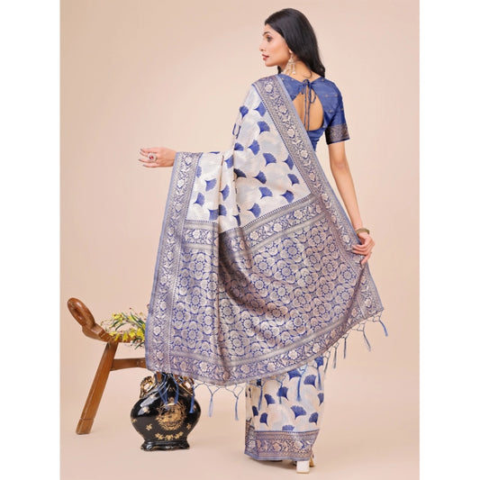 Generic Women's Linen Cotton Printed Saree With Unstitched Blouse 5.5Mtr (Blue)