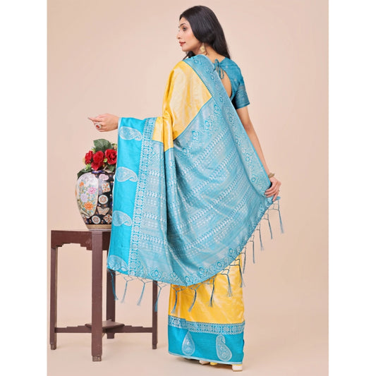 Generic Women's Lichi Silk Printed Saree With Unstitched Blouse 5.5Mtr (Yellow)