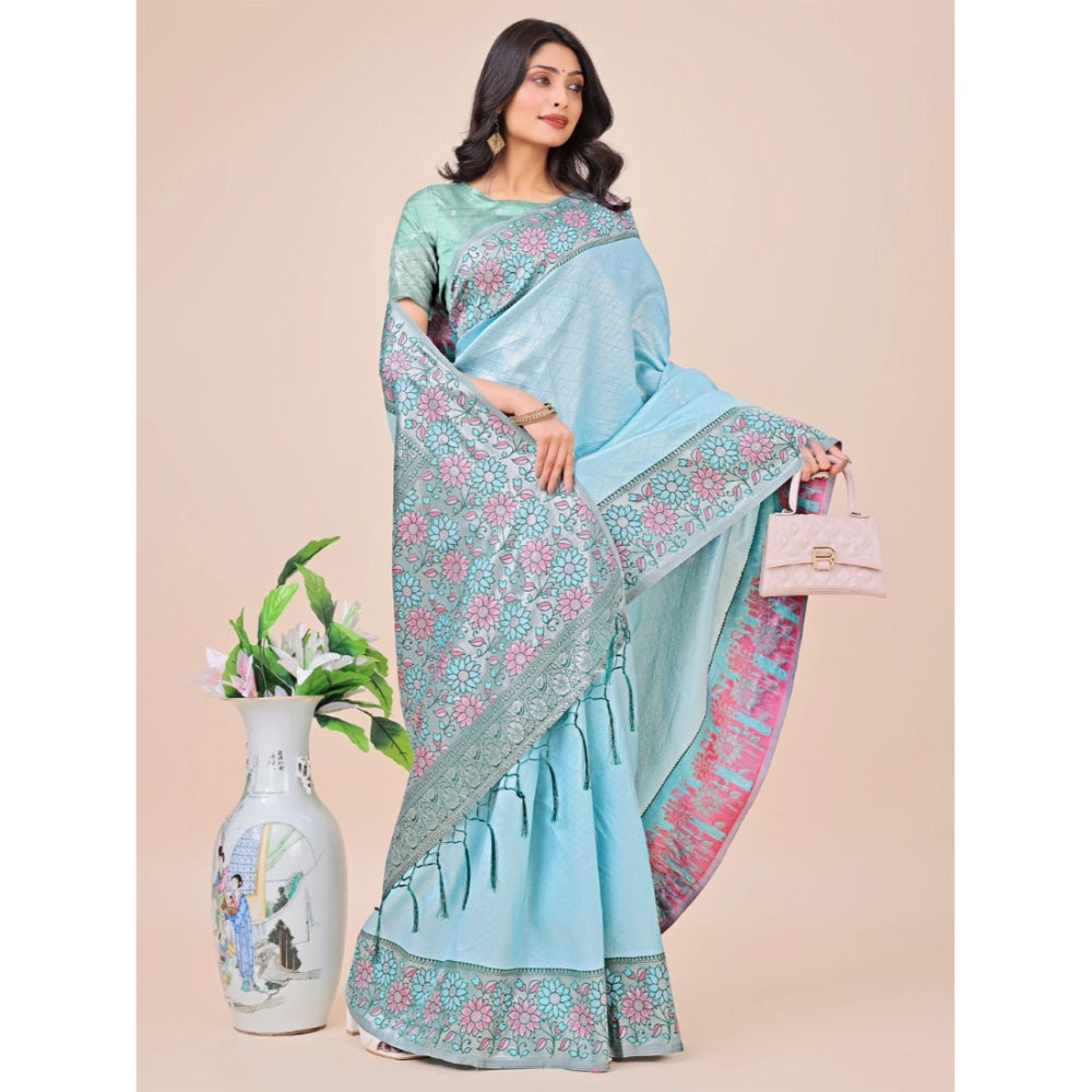Generic Women's Lichi Silk Printed Saree With Unstitched Blouse 5.5Mtr (Teal)