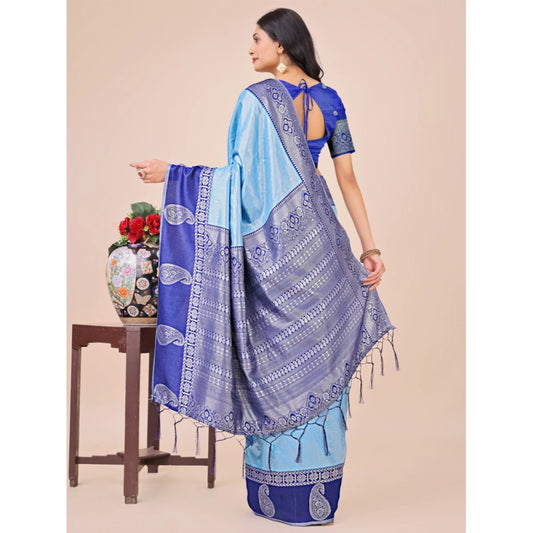 Generic Women's Lichi Silk Printed Saree With Unstitched Blouse 5.5Mtr (Sky Blue)