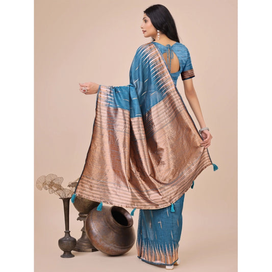 Generic Women's Linen Cotton Printed Saree With Unstitched Blouse 5.5Mtr (Blue)