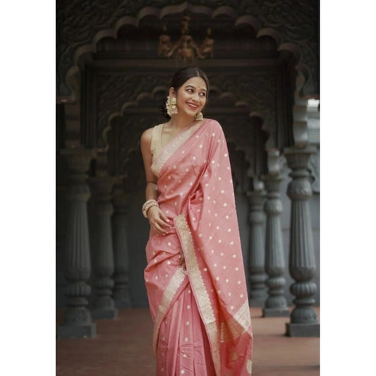 Generic Women's Cotton Printed Saree With Unstitched Blouse 5.5Mtr (Peach)