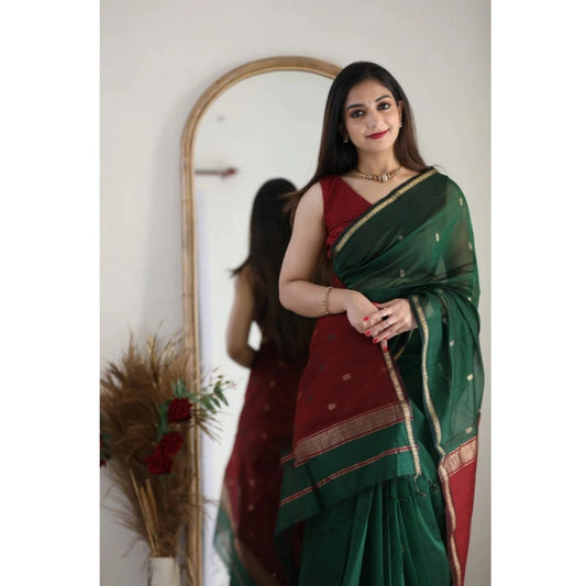 Generic Women's Cotton Printed Saree With Unstitched Blouse 5.5Mtr (Dark Green)