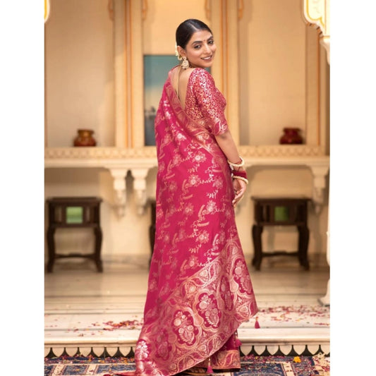 Generic Women's Silk Printed Saree With Unstitched Blouse 5.5Mtr (Pink)