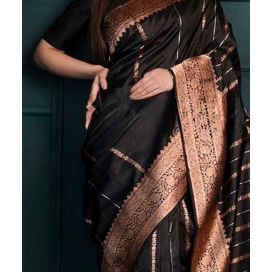 Generic Women's Silk Printed Saree With Unstitched Blouse 5.5Mtr (Black)
