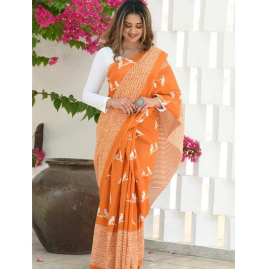 Generic Women's Silk Printed Saree With Unstitched Blouse 5.5Mtr (Orange)