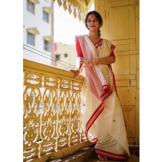 Generic Women's Cotton Printed Saree With Unstitched Blouse 5.5Mtr (White)