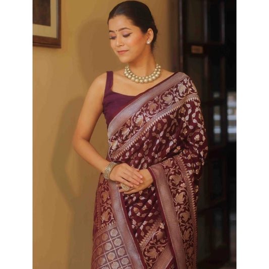 Generic Women's Silk Printed Saree With Unstitched Blouse 5.5Mtr (Maroon)