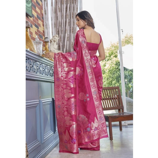 Generic Women's Silk Printed Saree With Unstitched Blouse 5.5Mtr (Rani Pink)
