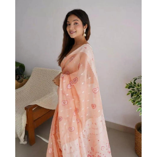 Generic Women's Cotton Printed Saree With Unstitched Blouse 5.5Mtr (Peach)