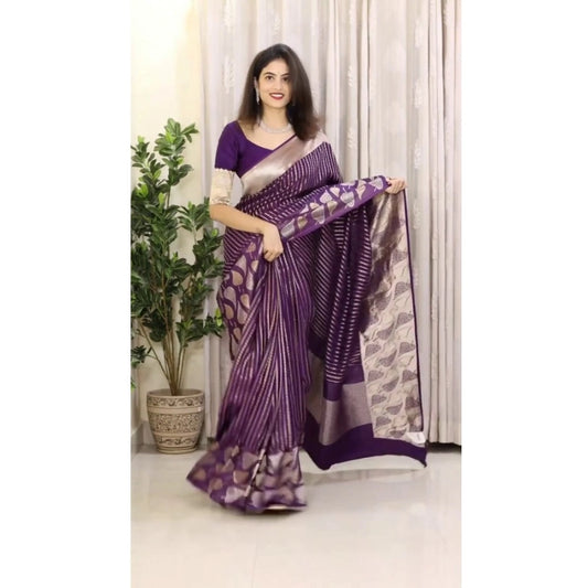Generic Women's Silk Printed Saree With Unstitched Blouse 5.5Mtr (Purple)