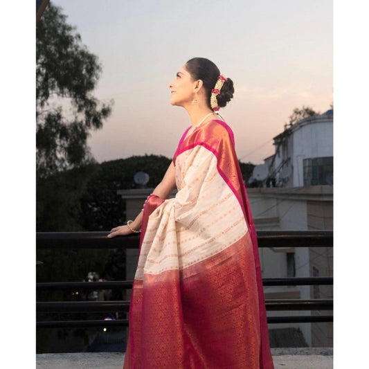 Generic Women's Silk Printed Saree With Unstitched Blouse 5.5Mtr (White-Pink)