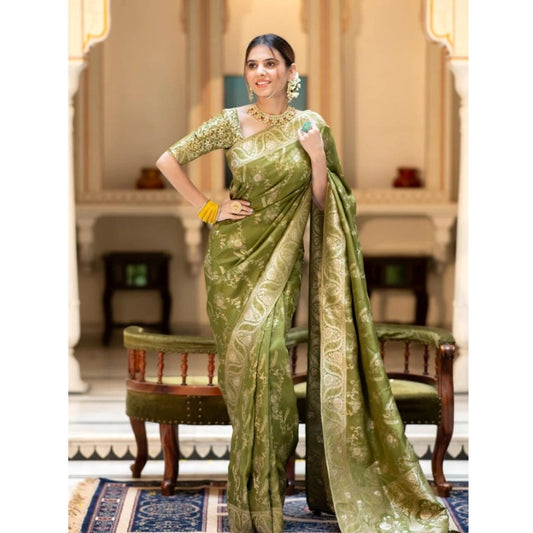 Generic Women's Silk Printed Saree With Unstitched Blouse 5.5Mtr (Olive Green)