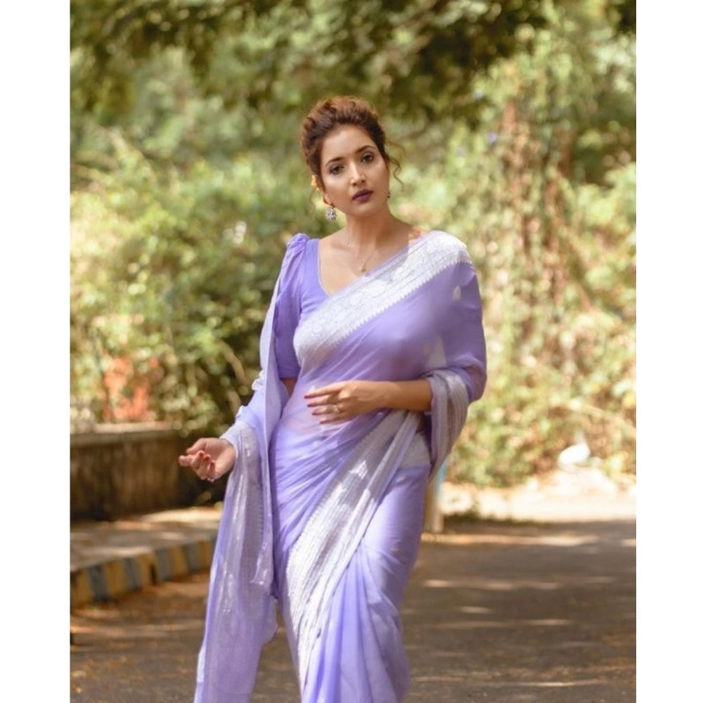 Generic Women's Cotton Printed Saree With Unstitched Blouse 5.5Mtr (Lavender)