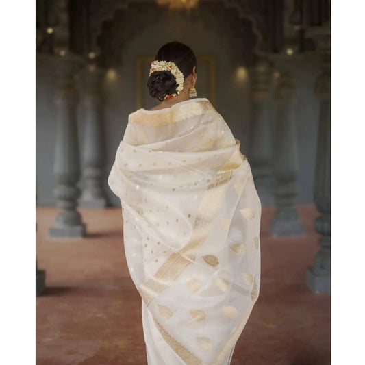 Generic Women's Cotton Printed Saree With Unstitched Blouse 5.5Mtr (White)