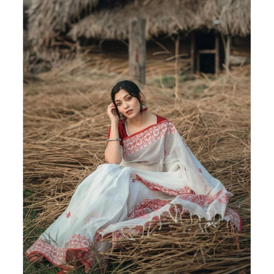 Generic Women's Cotton Printed Saree With Unstitched Blouse 5.5Mtr (White-Red)