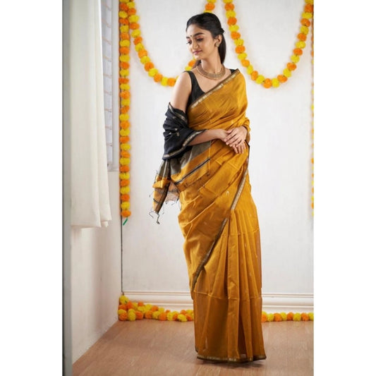 Generic Women's Cotton Printed Saree With Unstitched Blouse 5.5Mtr (Yellow)