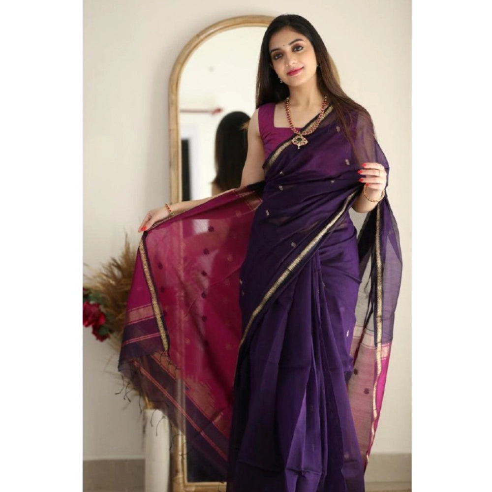 Generic Women's Cotton Printed Saree With Unstitched Blouse 5.5Mtr (Navy Blue)