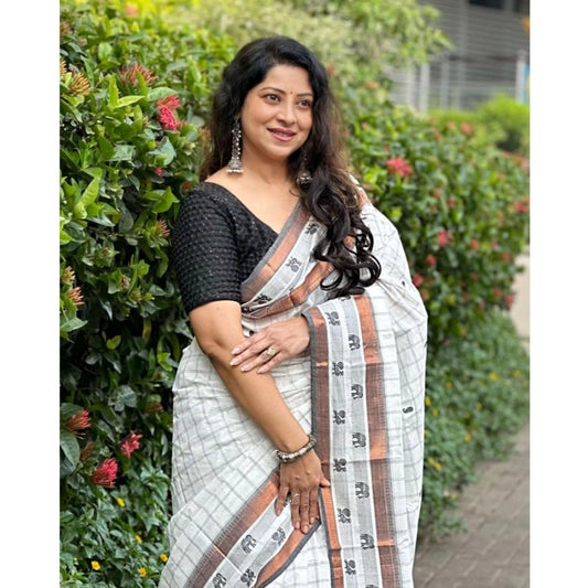 Generic Women's Silk Printed Saree With Unstitched Blouse 5.5Mtr (Off White)