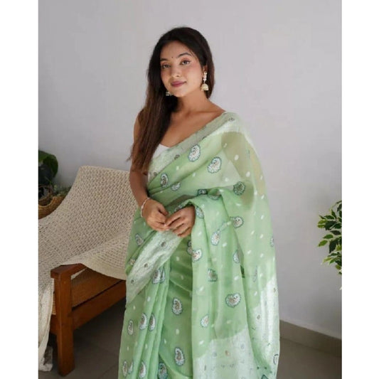 Generic Women's Cotton Printed Saree With Unstitched Blouse 5.5Mtr (Pista)