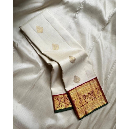 Generic Women's Silk Printed Saree With Unstitched Blouse 5.5Mtr (Off White-Red)