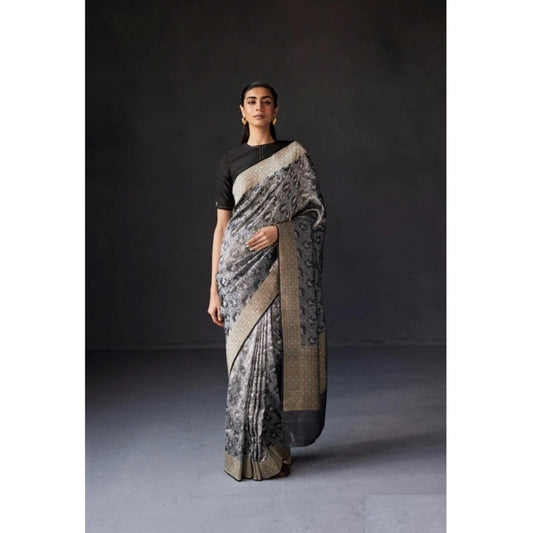 Generic Women's Silk Printed Saree With Unstitched Blouse 5.5Mtr (Grey)