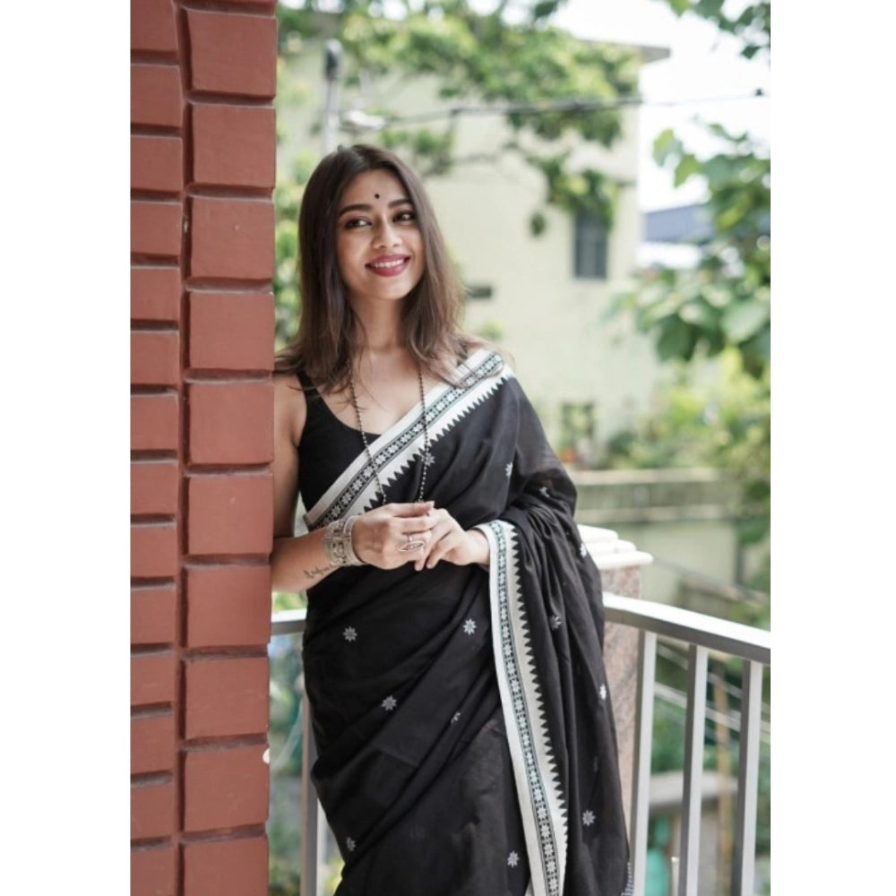 Generic Women's Cotton Printed Saree With Unstitched Blouse 5.5Mtr (Black)