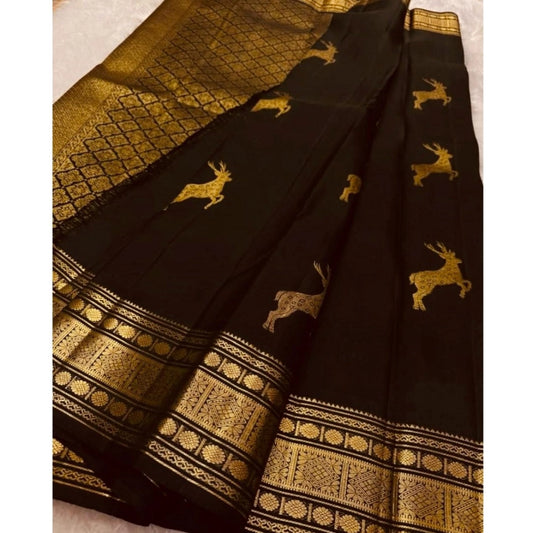Generic Women's Silk Printed Saree With Unstitched Blouse 5.5Mtr (Black)