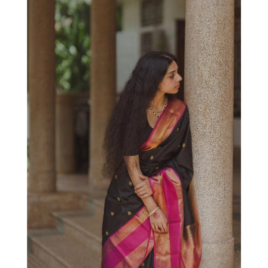 Generic Women's Silk Printed Saree With Unstitched Blouse 5.5Mtr (Black-Pink)