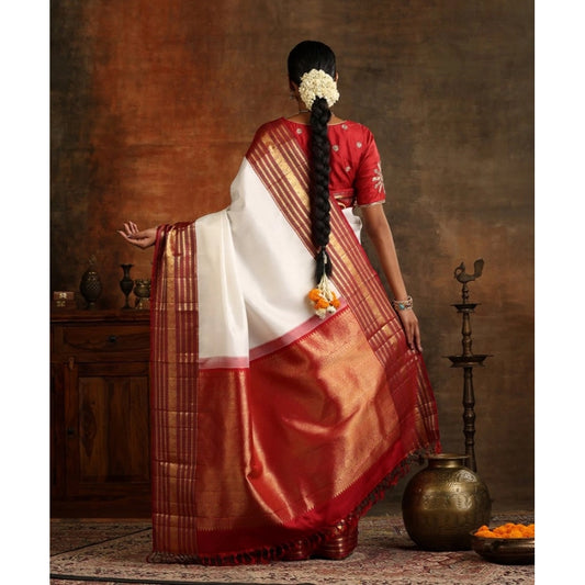 Generic Women's Silk Printed Saree With Unstitched Blouse 5.5Mtr (White-Maroon)