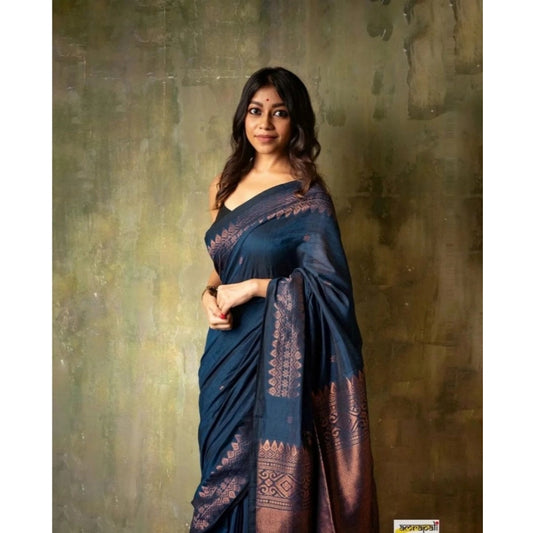 Generic Women's Silk Printed Saree With Unstitched Blouse 5.5Mtr (Navy Blue)
