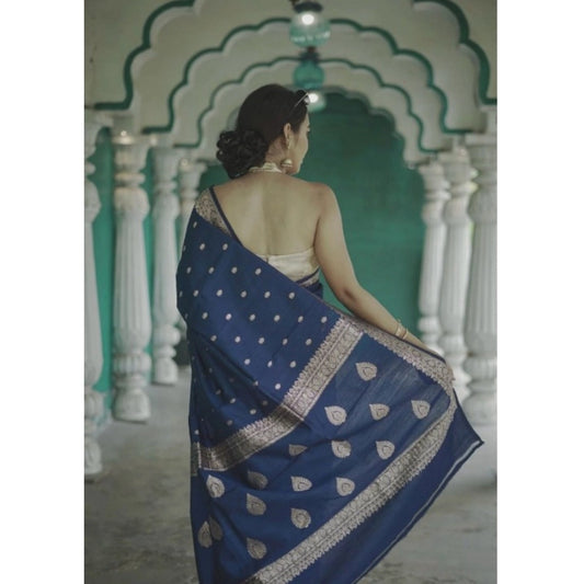 Generic Women's Cotton Printed Saree With Unstitched Blouse 5.5Mtr (Navy Blue)