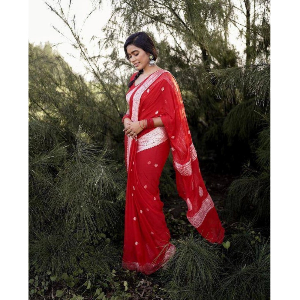 Generic Women's Cotton Printed Saree With Unstitched Blouse 5.5Mtr (Red)