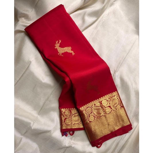 Generic Women's Silk Printed Saree With Unstitched Blouse 5.5Mtr (Red)