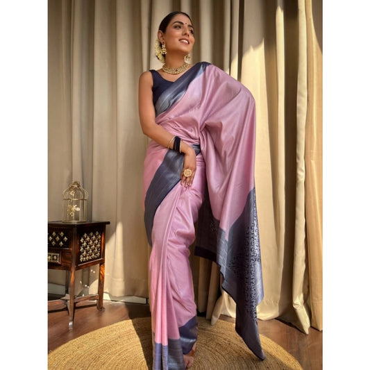 Generic Women's Silk Printed Saree With Unstitched Blouse 5.5Mtr (Pink)