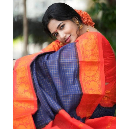 Generic Women's Silk Printed Saree With Unstitched Blouse 5.5Mtr (Blue)