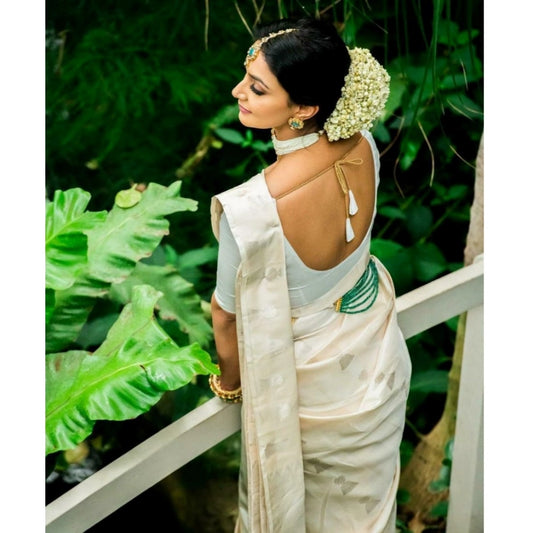 Generic Women's Silk Printed Saree With Unstitched Blouse 5.5Mtr (White)