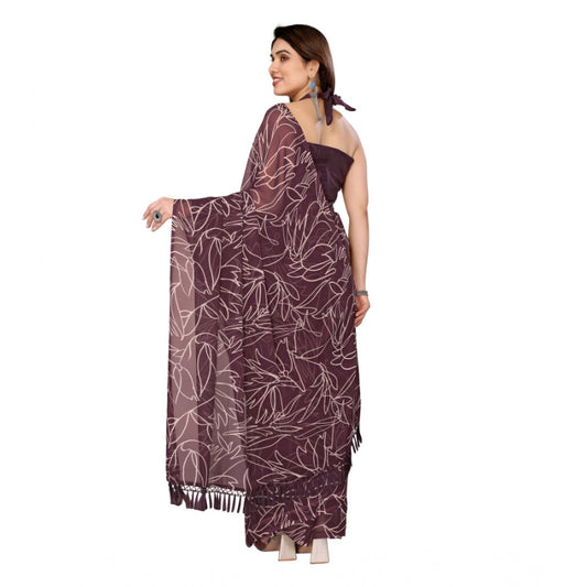 Generic Women's Zalar Lace Georgette Printed Ready-to-Wear Saree With Unstitched Blouse 5.5 Mtr (Wine)