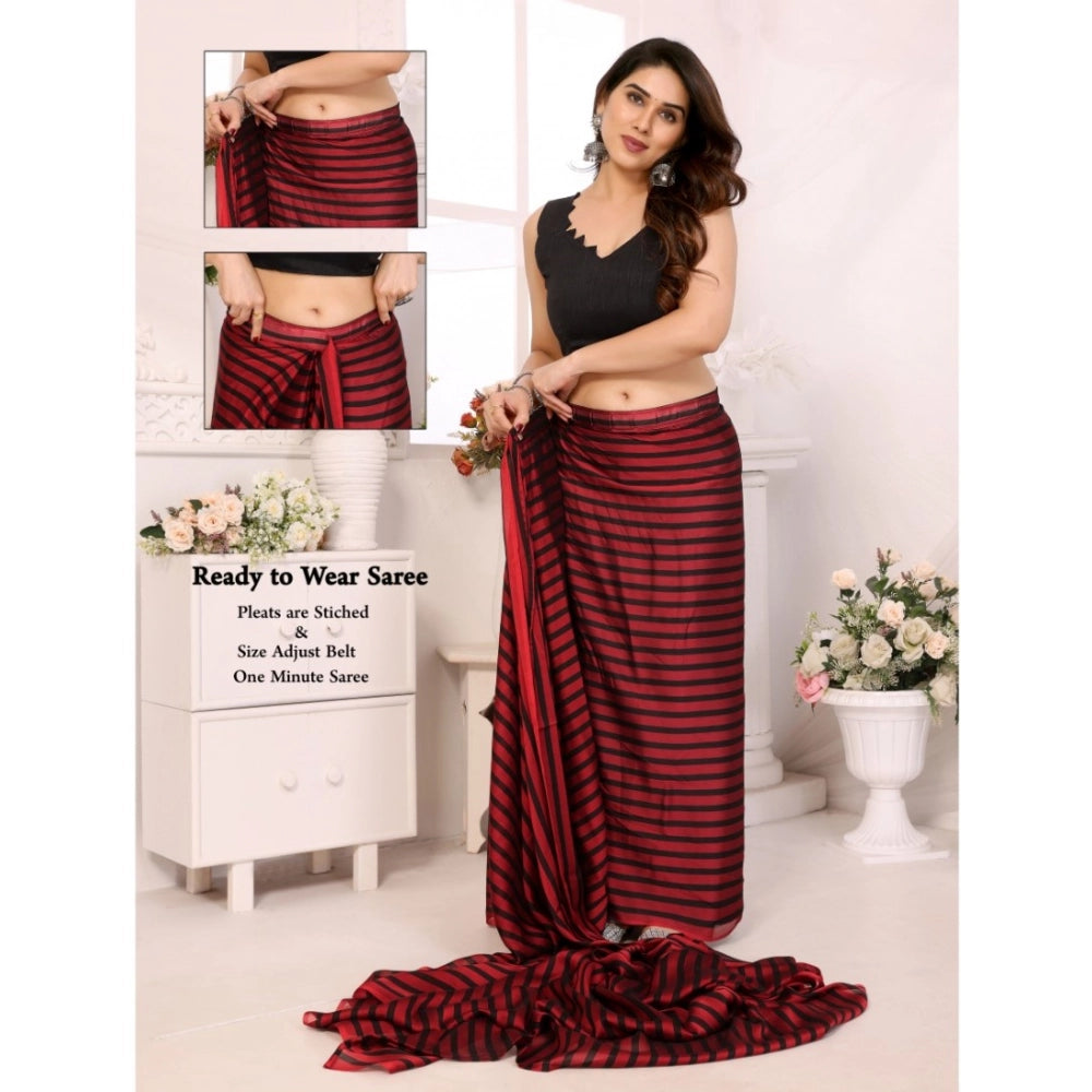 Generic Women's Black Berry Striped Ready-to-Wear Saree With Unstitched Blouse 5.5 Mtr (Red-Black)
